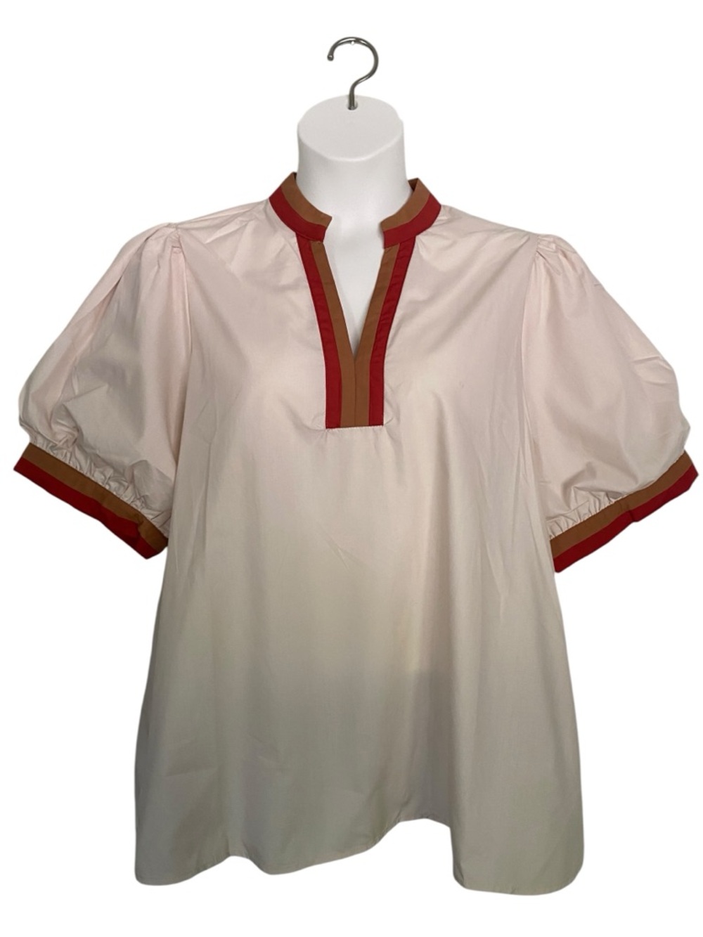 Entro Puff Sleeve Color Block Trim V Neck Blouse Ecru Womens Plus Size 1X NWT